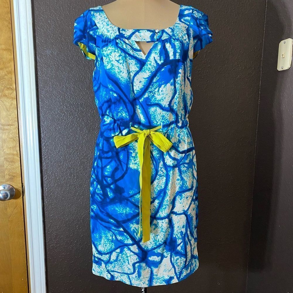 Yoana baraschi blue white batik style splash silk dress with‎ chartreuse belt